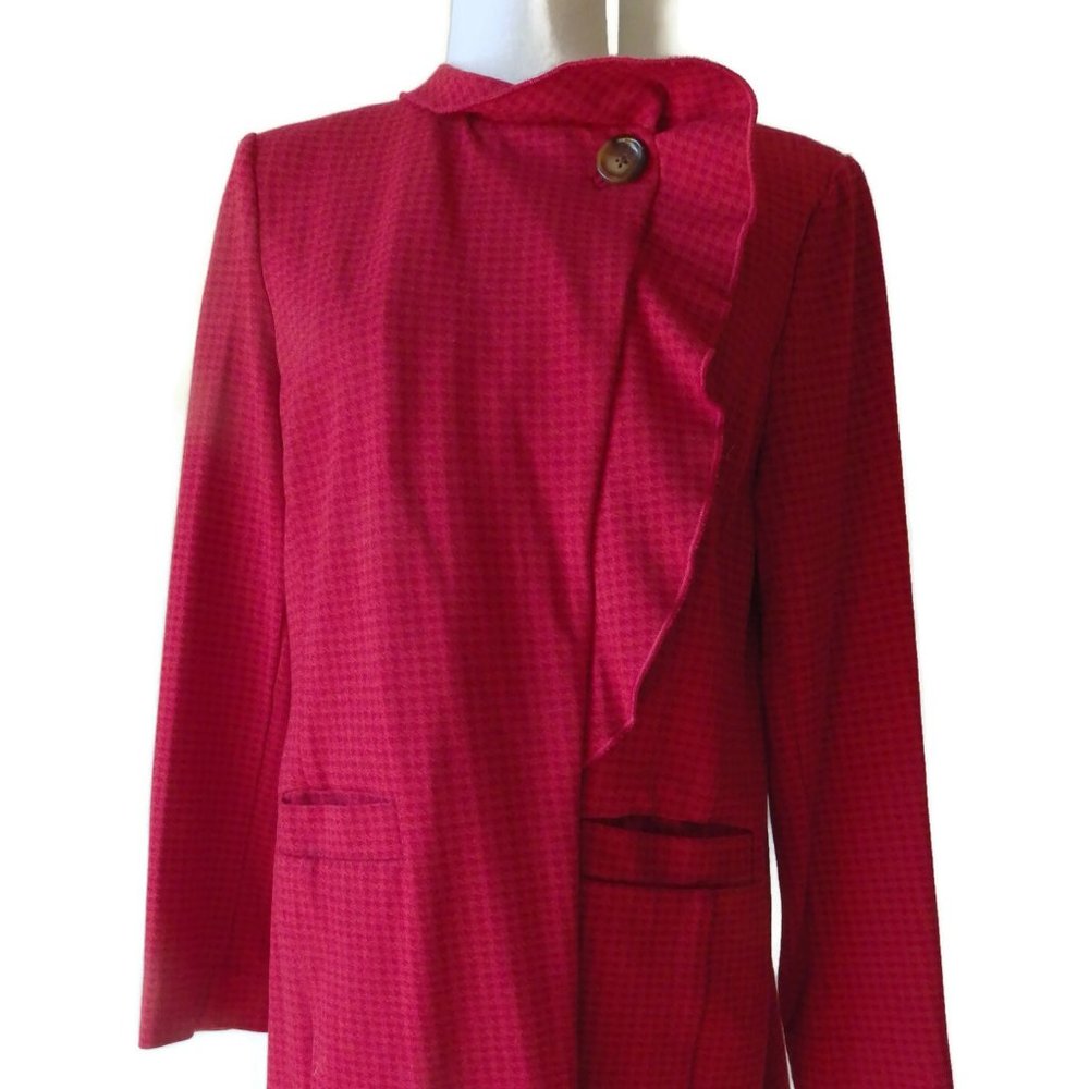 Versatile CAbi Knit Coat/ Red Houndstooth Print/ Ruffled Collar/ Size LARGE